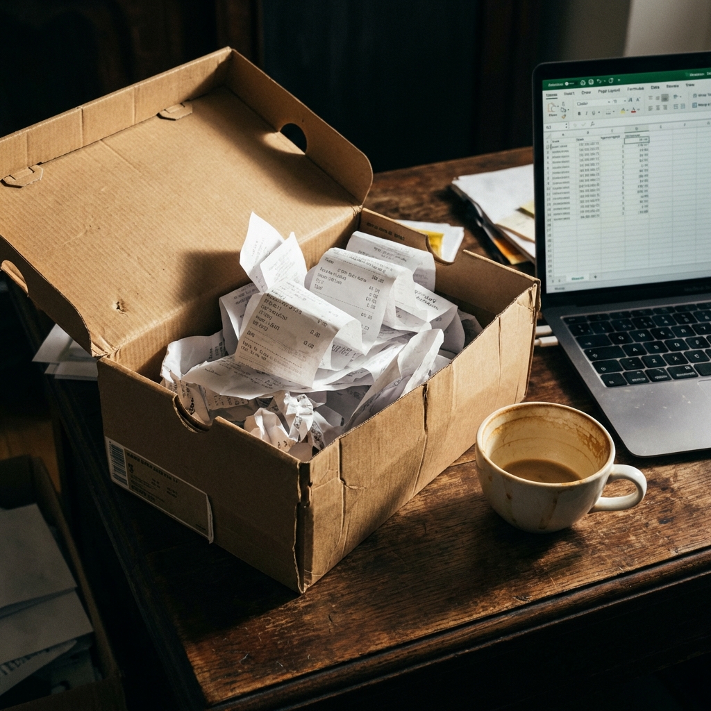 A messy shoebox overflowed with crumpled receipts